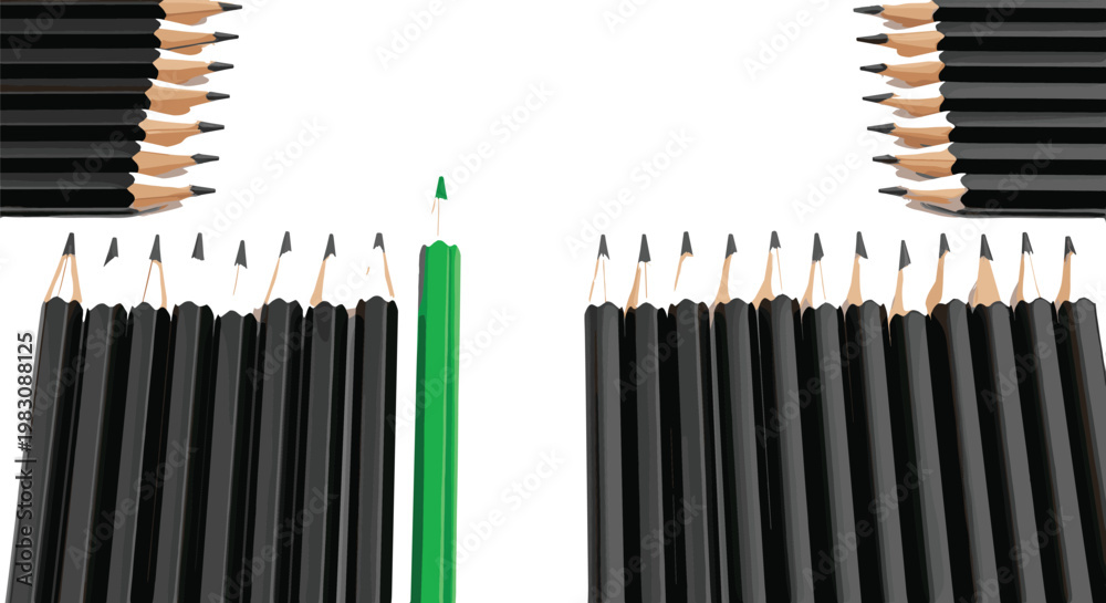 Fototapeta premium Creative Leadership Concept with Green Pencil Standing Out Among Black Pencils for Business Innovation, Team Strategy, and Unique Idea Illustration