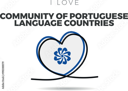 Flag of Community Of Portuguese Language Countries. Heart-shaped with a black outline silhouette