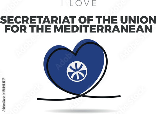Flag of Secretariat Of The Union For The Mediterranean. Heart-shaped with a black outline silhouette