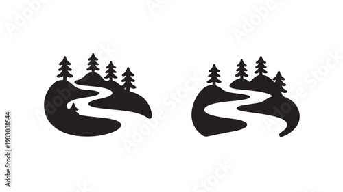 Black Silhouette Of Winding River With Trees On Hills Isolated On White For Nature And Landscape Concepts