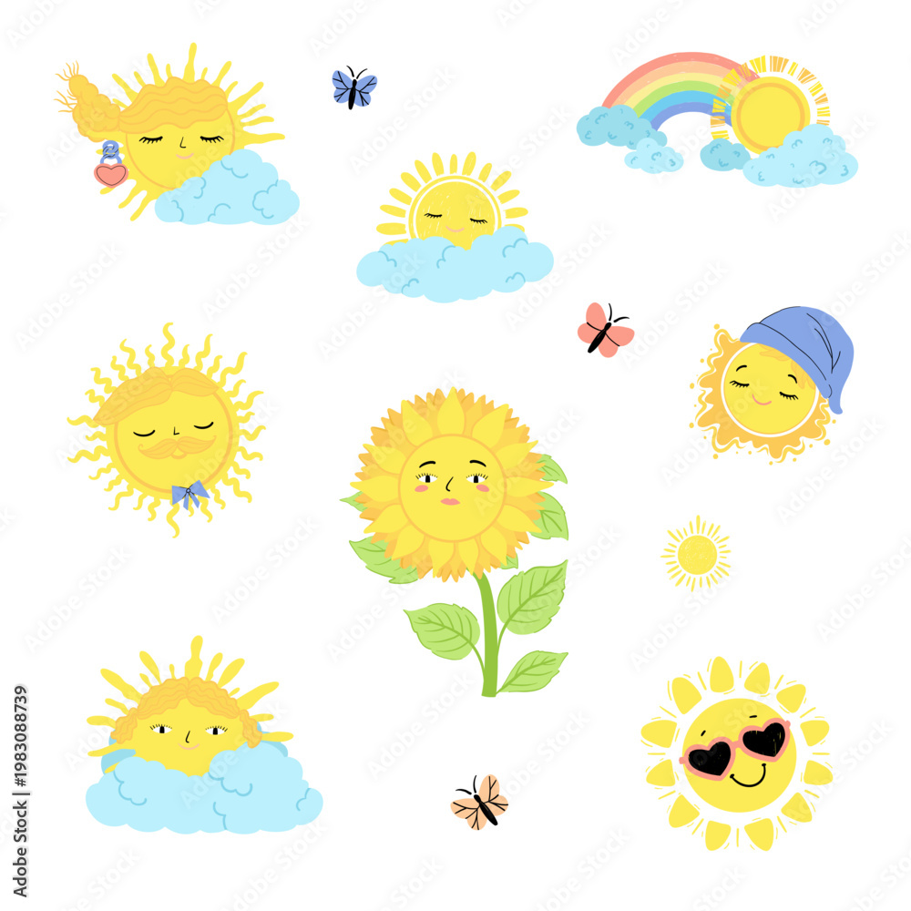 Obraz premium A cute collection of smiling suns and clouds, rainbows, and a sunny sunflower, all in vector format on a white background. Suitable for weather apps, summer and children's themes, travel, and seasonal