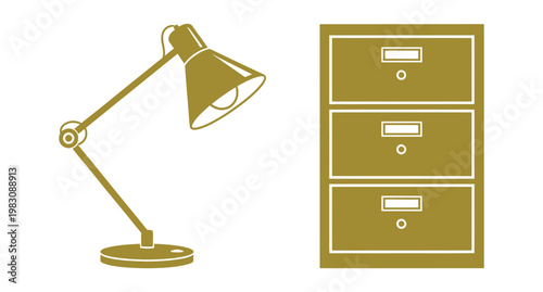 Office Workspace Elements Set Featuring Desk Lamp and Three Drawer Filing Cabinet