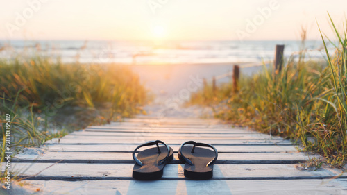 Flip flops on wooden path leading to beach during golden sunset, symbolizing summer vacation and peaceful getaway