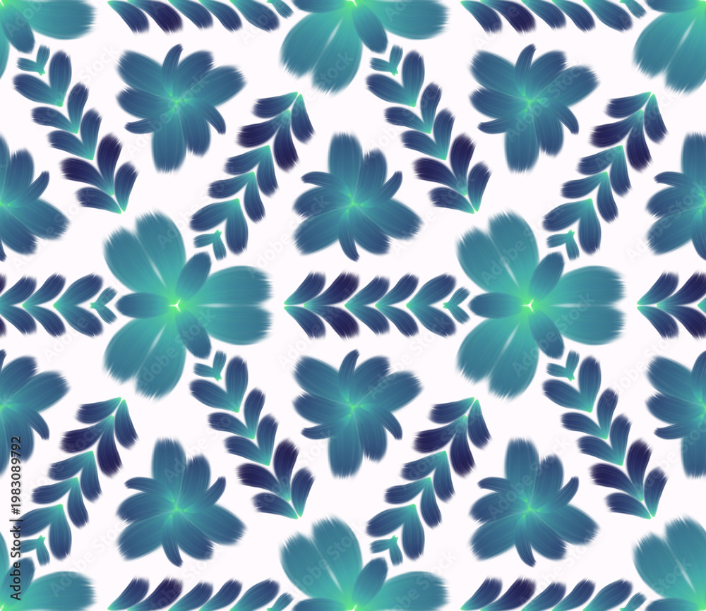 Fototapeta premium Abstract Seamless Floral Pattern with Teal and Dark Blue Painted Flowers on white