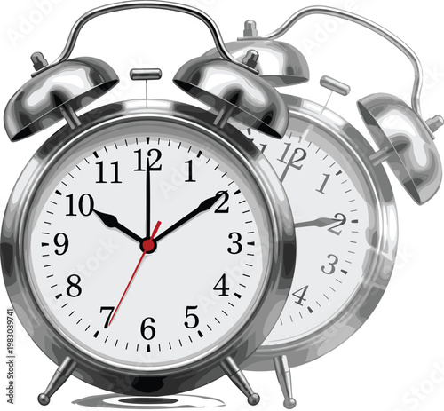 Double Alarm Clock Illustration with Overlapping Time Concept for Deadline Pressure, Time Management, Productivity, and Scheduling Design