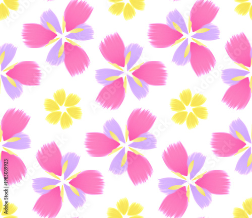 Seamless floral pattern with pink purple and yellow brush stroke flowers