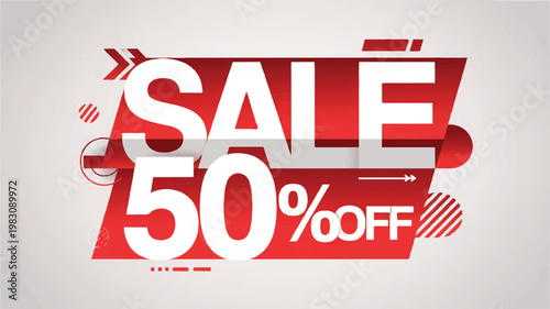Sale fifty percent off discount sign with red shapes and white text on gray background