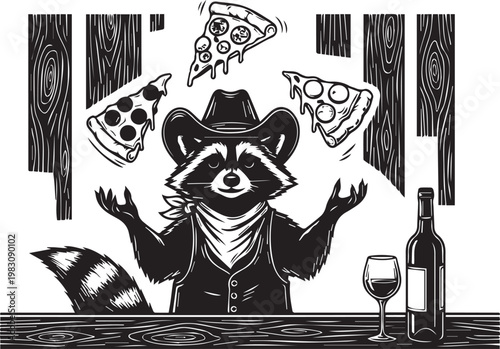 A funny cartoon illustration of a raccoon cowboy skillfully juggling slices of pizza while standing behind a bar with a glass of wine, perfect for menus or quirky signage