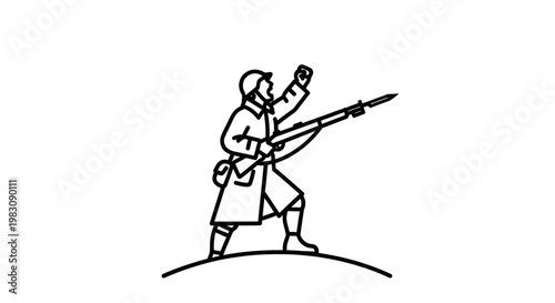 Soldier with rifle, raising fist, symbol of victory, war, and revolution
