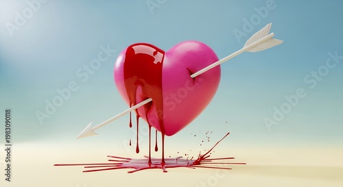 Bleeding heart pierced by two arrows on sandy beach