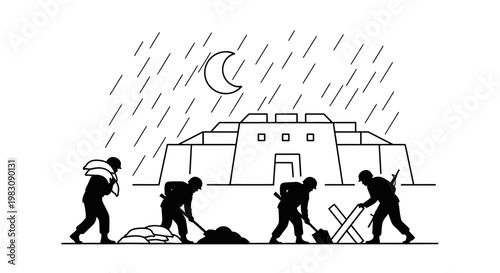 Soldiers Digging Trenches in Rain at Night Near Ancient Structure