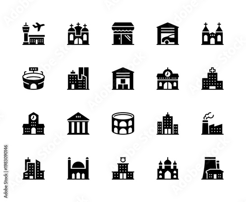 Building and structures vector silhouette icons set. Buildings icons of airport, church, store, garage, stadium, skyscraper and more.