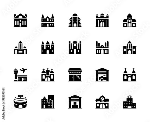 Building and structures vector silhouette icons set. Buildings icons of villa, castle, mosque, monument, building, house and more.