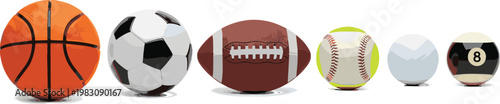 Sports Balls Collection Set with Basketball, Soccer Ball, American Football, Baseball, Golf Ball, and Billiard Ball for Athletic Games and Recreation Design