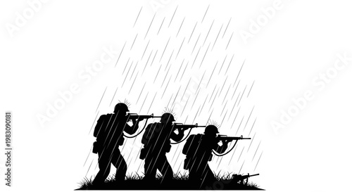 Soldiers in Rain Silhouette, Military Operation, Combat Ready