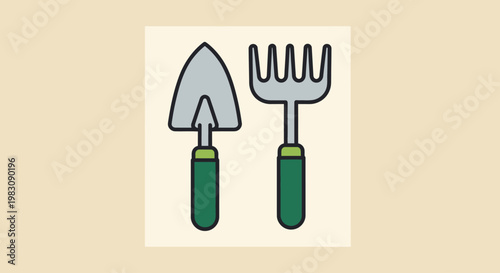 Illustration of gardening tools: a trowel and a hand rake.