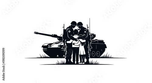 Soldiers Protecting Children in Front of Tank, Symbol of Peace and Hope