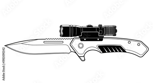 Tactical Folding Knife with Attached Flashlight - Black and White Illustration