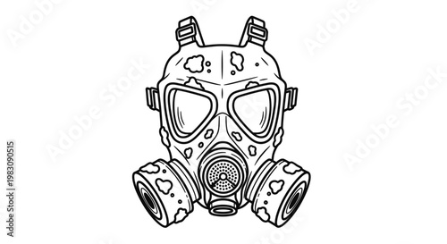 Vintage Gas Mask Illustration, Retro Protective Respirator, Grunge Style, Black and White Line Art