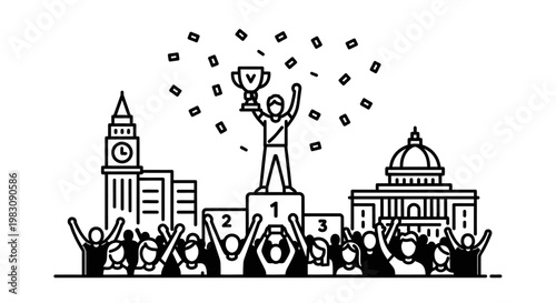 Winner on Podium with Trophy and Confetti, London Skyline Background