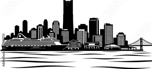 Modern city skyline featuring skyscrapers and waterfront buildings with cruise ship