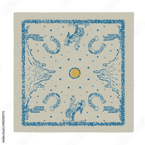 Blue ink sketch of cowboy motifs on cream background. Horseshoes and figures ride wild horses with stars. Yellow sun glows at center of dotted sky. Vintage style evokes Western adventure and freedom