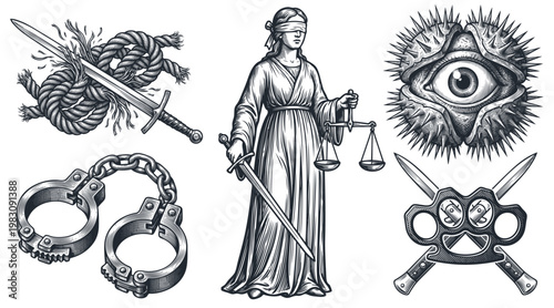 Vintage monochrome justice and crime vector set with blindfolded lady, sword, scale, handcuff, dagger, all seeing eye and brass knuckle illustration