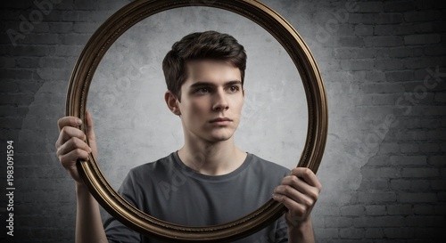young man holding picture frame in front of face, portrait with gray brick background
