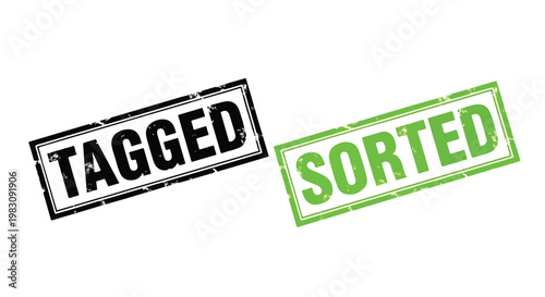 Close-up of tagged and sorted labels with stamped tags indicating organization and categorization process