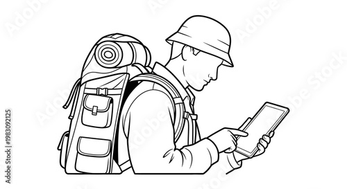 Adventurer with Backpack and Tablet Navigating Outdoors