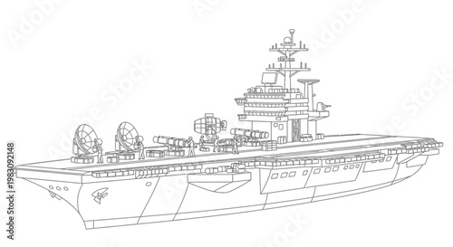 Aircraft Carrier Blueprint Line Drawing - Military Warship Vector Illustration