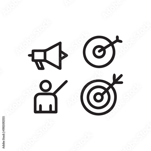 Startup and marketing icons, target, strategy, SEO symbols, minimal black vector