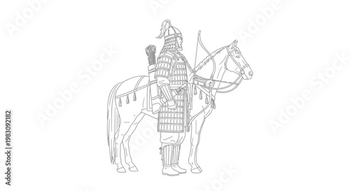 Ancient Chinese Warrior on Horseback with Bow and Arrow - Line Art