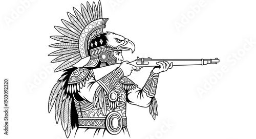 Aztec Warrior Eagle Warrior with Rifle, Ancient Warrior Illustration