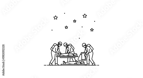 Astronauts perform surgery in space under starry sky, medical emergency, zero gravity