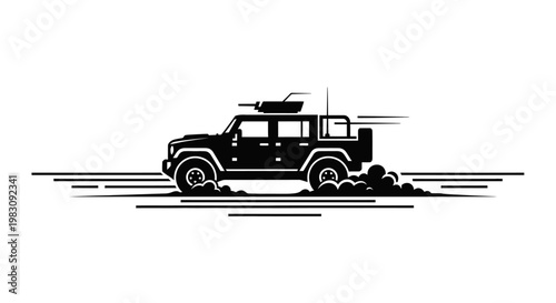 Black Military Humvee Off-Roading with Dust Clouds and Speed Lines