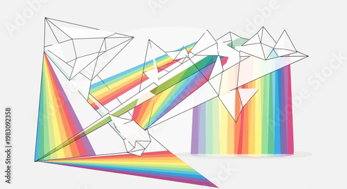 Abstract geometric mountains with colorful rainbow light refractions in minimalist line art