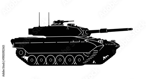 Black Silhouette of a Modern Battle Tank on White Background