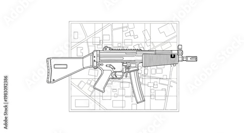 Blueprint of a Submachine Gun on City Map Background, Military Weapon Design