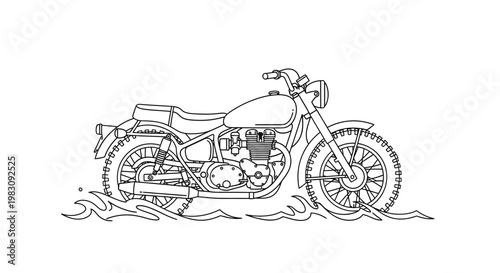 Classic Motorcycle Riding Through Water Splash, Line Art Illustration