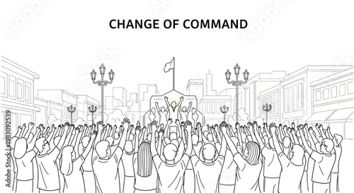 Crowd Cheers for Change of Command Ceremony in Front of Government Building