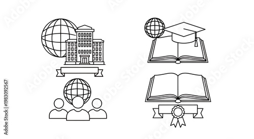 Global Education and Knowledge Icons Representing Science and Learning Concepts.