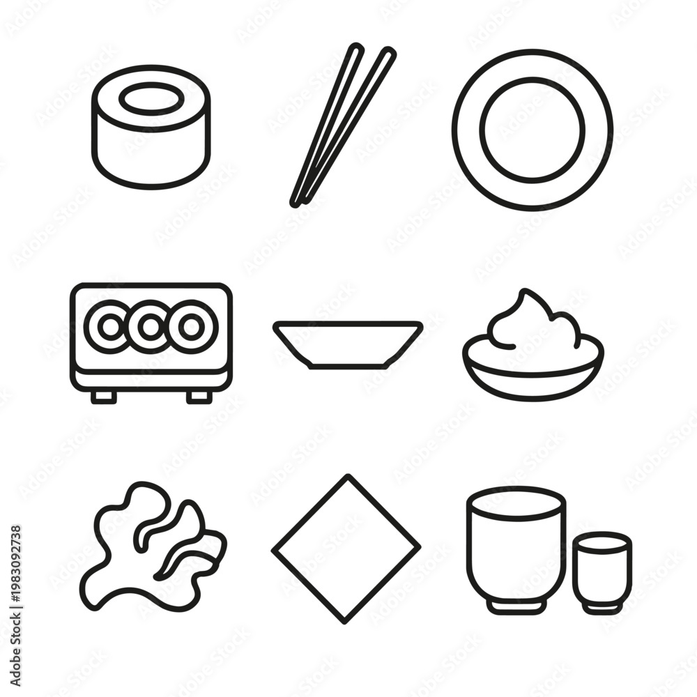 Obraz premium Elegant line art icons representing japanese cuisine essentials