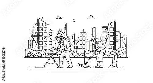 Disaster recovery team searching ruins with metal detector and rake after city destruction