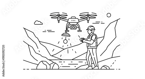 Drone survey in mountains, man controlling drone with remote, aerial mapping, technology