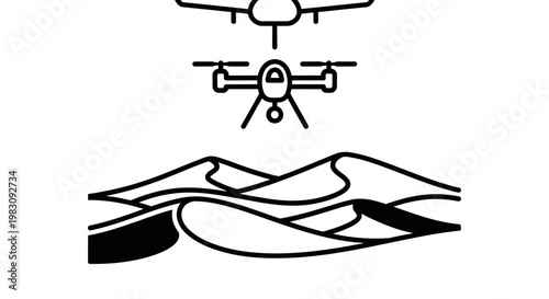 Drone surveying desert dunes, aerial view of arid landscape and technology