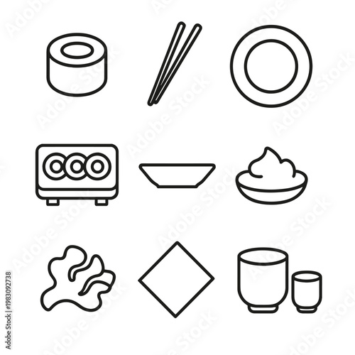 Elegant line art icons representing japanese cuisine essentials