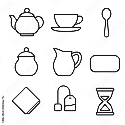 Elegant minimalist tea icons set with teapot, cup, spoon, and accessories