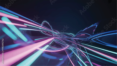 Vibrant neon light trails in pink and blue hues on dark background