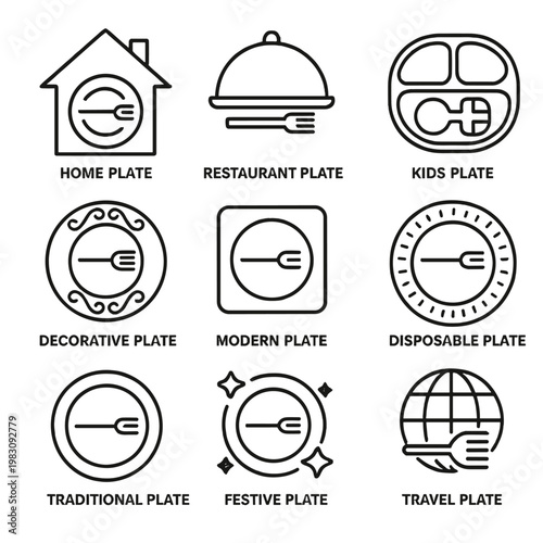 Diverse plate icons for home, restaurant, kids, and international dining